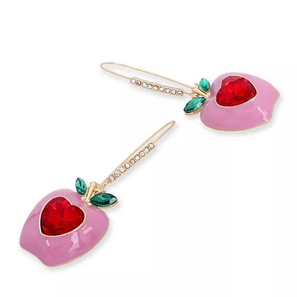 Betsey Johnson Apple Dangle Earrings Red Pink Playful Whimsy Teacher Barbie - Picture 4 of 7